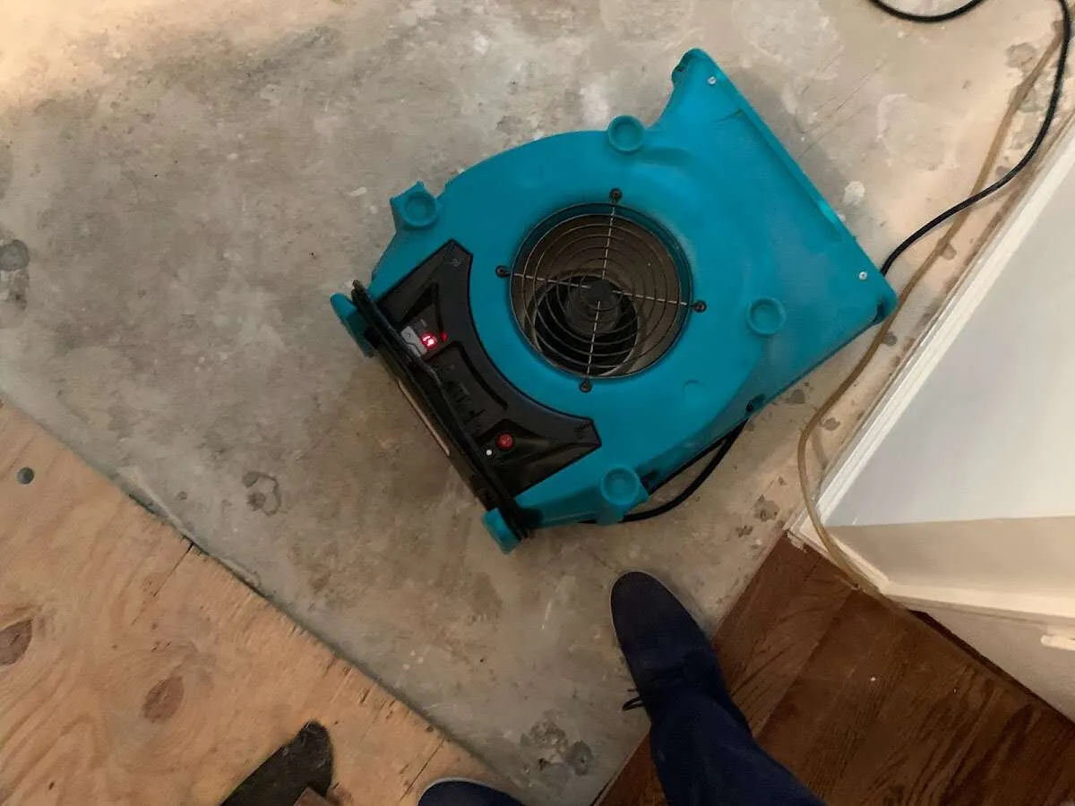 Air mover drying subfloor during Leak Detection & Repair in Orchard Homes